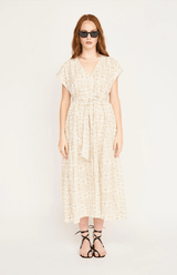 hand printed bohemian dress in tan and white 