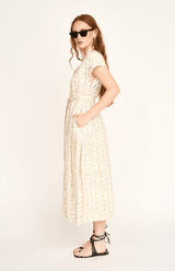 hand printed bohemian dress in tan and white from the side