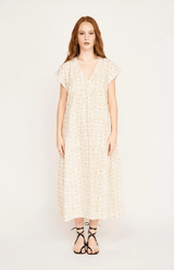 hand printed bohemian dress in tan and white with no belt attached