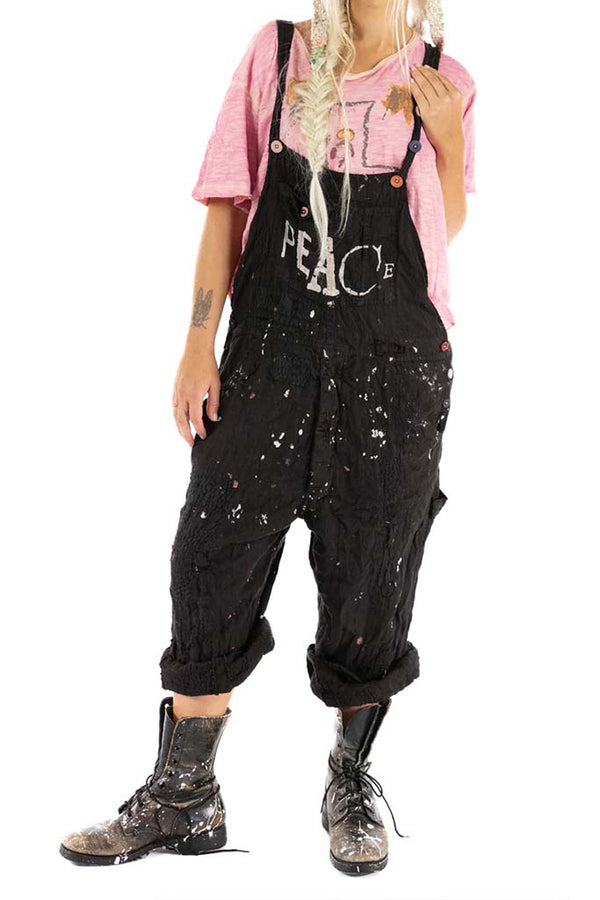 Magnolia Pearl peace overalls in black color with white print and paint splatter