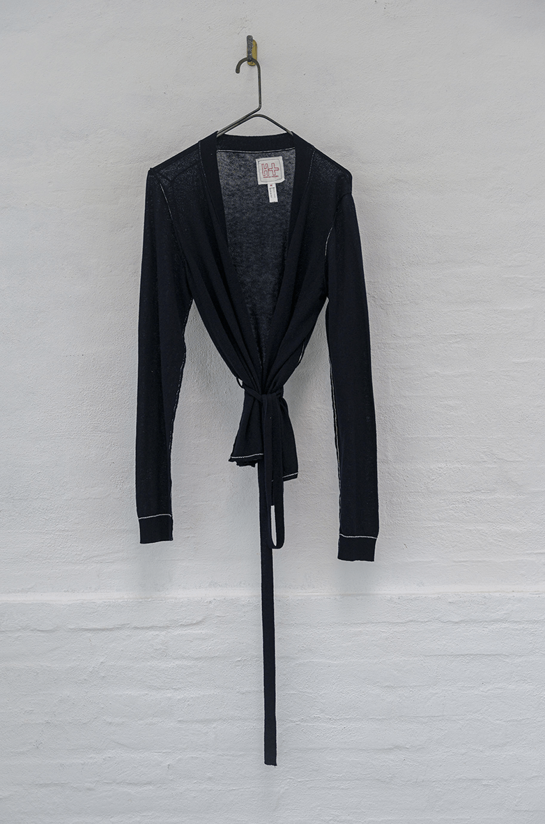 navy long sleeve cotton cashmere cardigan with cream details