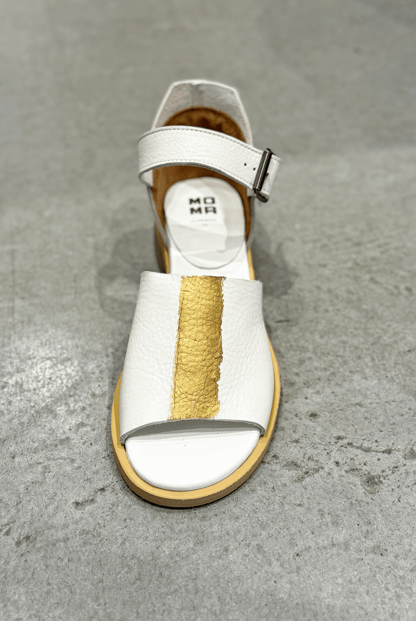 Moma white leather mid heal sandals with gold stripe and buckle