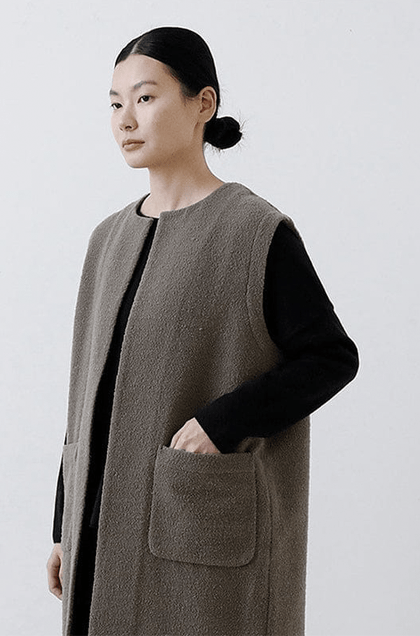 Wool Boucle Long Vest | Moss Gray