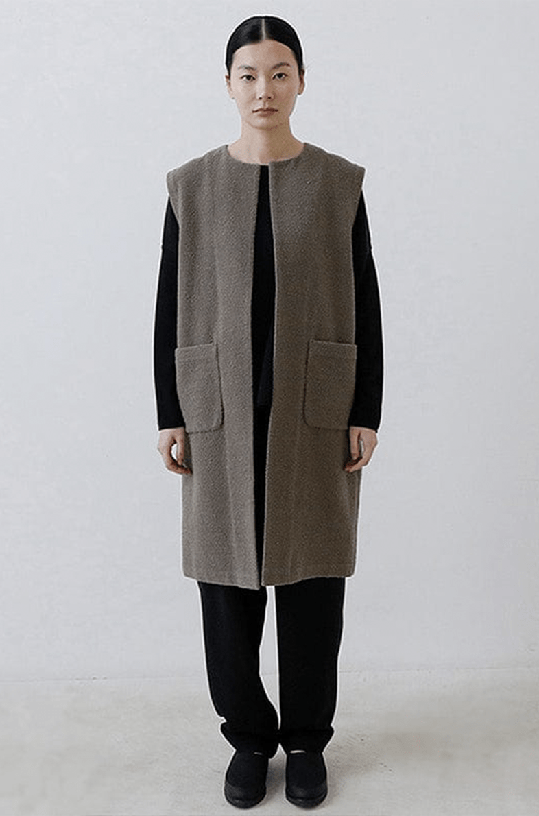 Wool Boucle Long Vest | Moss Gray