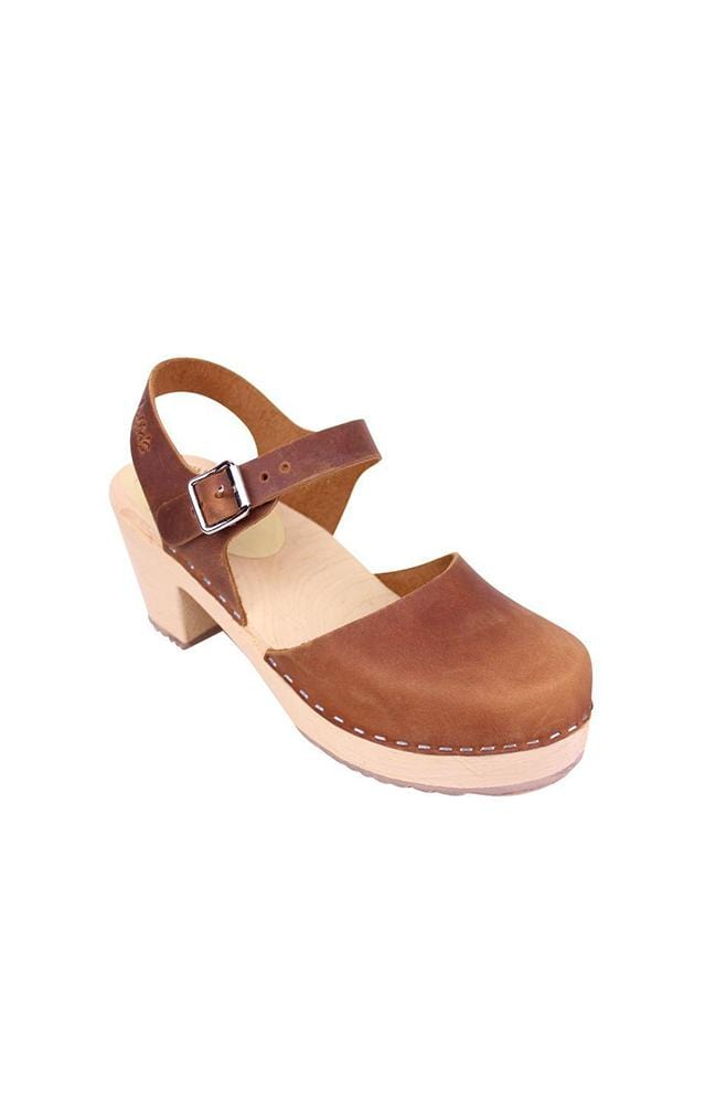 Brown Oiled Nubuck Leather Clogs with Natural Alder wood base