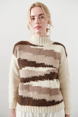 Wol Hide knit weave sweater in brown, beige, and cream strata color