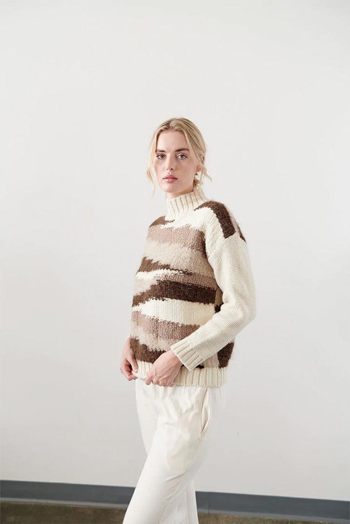 Wol Hide knit weave sweater in brown, beige, and cream strata color