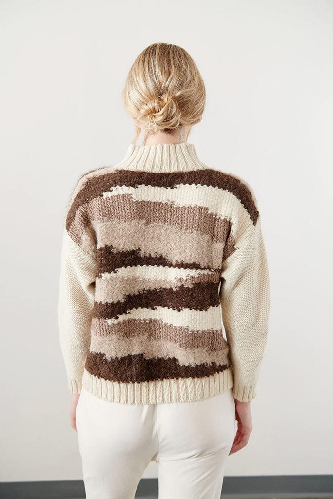 Wol Hide knit weave sweater in brown, beige, and cream strata color