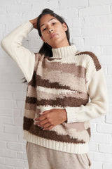 Wol Hide knit weave sweater in brown, beige, and cream strata color