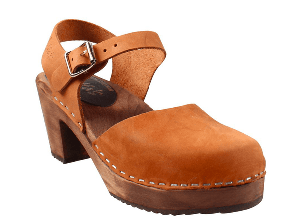 Lotta Mary Jane 561 dark high wood ankle strap Swedish clog in brown oiled nubuck