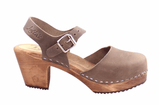 Lotta Mary Jane 561 dark high wood ankle strap Swedish clog in  taupe oiled nubuck leather