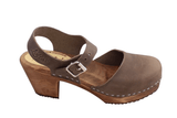 Lotta Mary Jane 561 dark high wood ankle strap Swedish clog in  taupe oiled nubuck leather